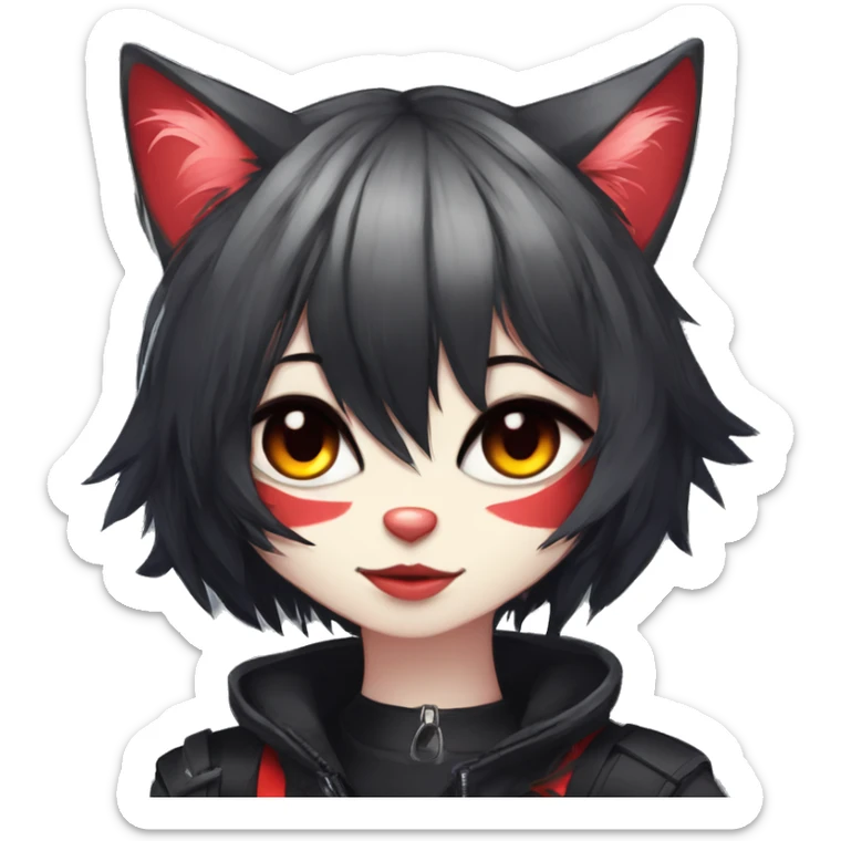 Anthro Edgy Cool Beautiful Black Cat-Fursona with Emo Hair-bangs with Red Streaks Chest Harness sticker