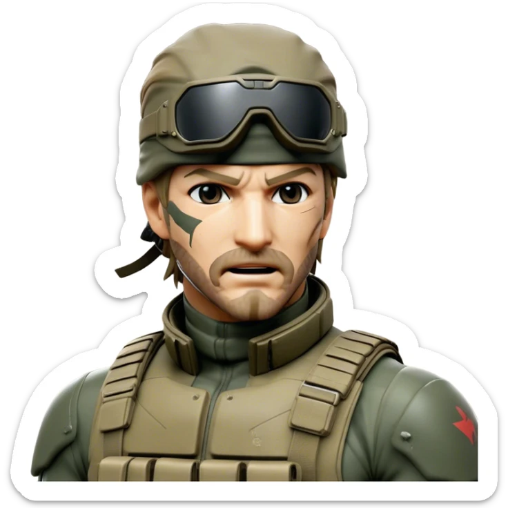 Cinematic Realistic Metal Gear Solid Snake Soldier Portrait, head tilted dramatically with an exaggeratedly amused expression, blending stealthy seriousness with a touch of unexpected humor. His rugged features, set against intricately detailed tactical gear in muted earth tones, are rendered with lifelike texture and dynamic lighting, high shine, dramatic yet whimsical, capturing the essence of a soldier whose epic covert skills are matched by a playful, irreverent spark. sticker