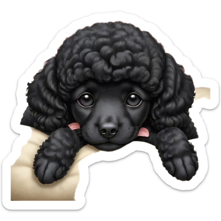 Meme-Worthy Cute Sleeping Black Poodle Portrait Emoji, Head resting peacefully with a contented smile, showcasing a delightfully elegant build and a luxuriously soft, curly jet-black Fur, eyes shut in a serene nap, Simplified yet hilariously adorable features, highly detailed, glowing with a soft, drowsy light, high shine, relaxed and utterly lovable, stylized with an air of playful laziness, bright and heartwarming, soft glowing outline, capturing the essence of a comically sleepy companion, so meme-worthy it feels like it could instantly become the next viral sensation of adorable slumber! sticker