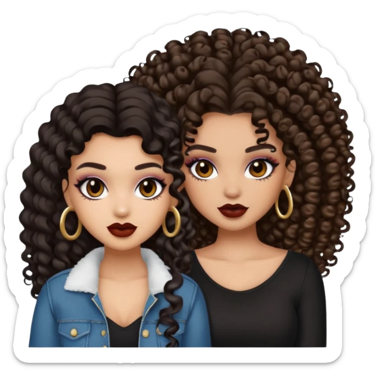 Boujy baddie best friends, trendy heavy makeup both dark hair one light skinned and one light brown and add curls  sticker