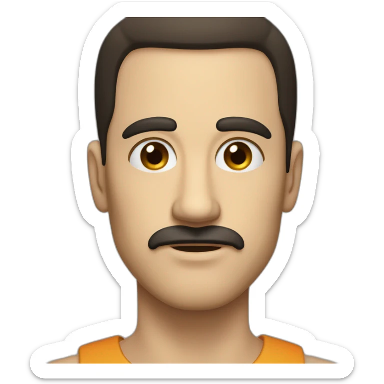 person with a small, thin mustache, dark hair combed to the side, prominent eyebrows, brown eyes, a large nose, a square chin, a pale complexion, and a serious expression sticker