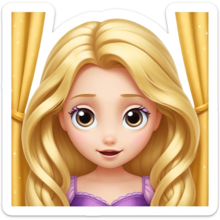 Cinematic Adorable Rapunzel Portrait Emoji, Playfully peeking out from behind a curtain of hair, big sparkling eyes, cheeks flushed with excitement, exuding charm and innocence, an absolute delight! sticker