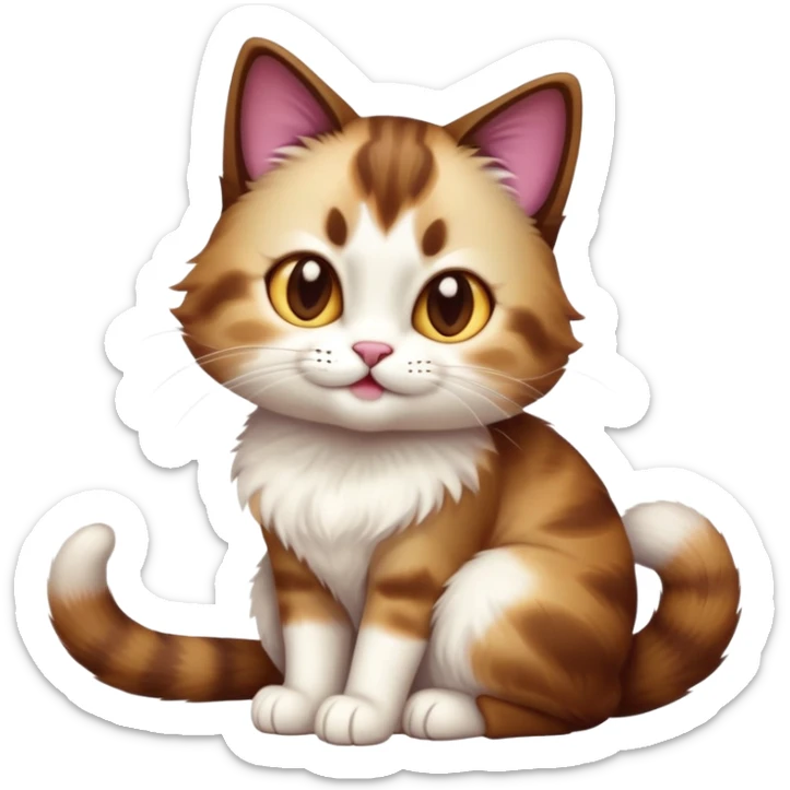 cinematic-[showshoe cat]-realistic-full-body-sitting-emoji,-tail-curled-playfully-around-its-paws,-head-tilted-dramatically,-fluffy-[brown and white]-fur,-simplified-yet-realistic-focused-features,-highly-detailed,-glowing-with-an-almost-sarcastic-glow sticker