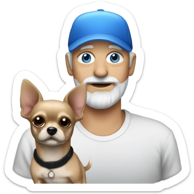 Blue eyed Old man with goatee beard ball cap holding black long haired chihuahua sticker