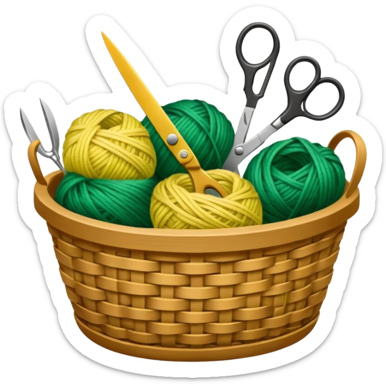 A tidy basket with neatly arranged green and yellow skeins and scissors. sticker