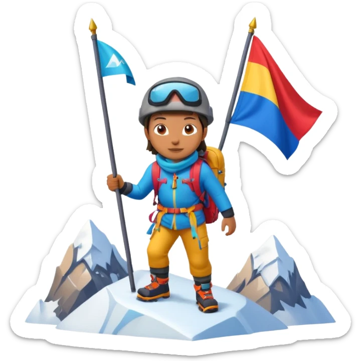 A 3D cartoon mountaineer standing on a snowy Everest-like summit with a flag, wearing colorful climbing gear, soft lighting, Memoji-style. sticker