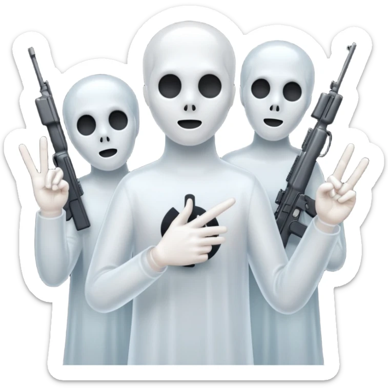 Fantasmas con un fusil moderno y haciendo haciendo en en forma de ✌️ con los dedos sticker