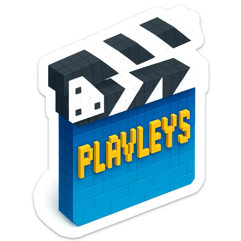 voxel style movie clapperboard with the text 'PLAVLEYS', black body, white lid, isometric view sticker