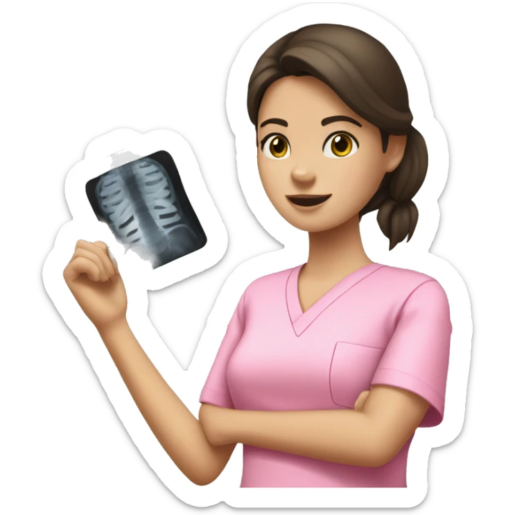 Brunette girl in pink scrubs looking at an arm X-ray  sticker