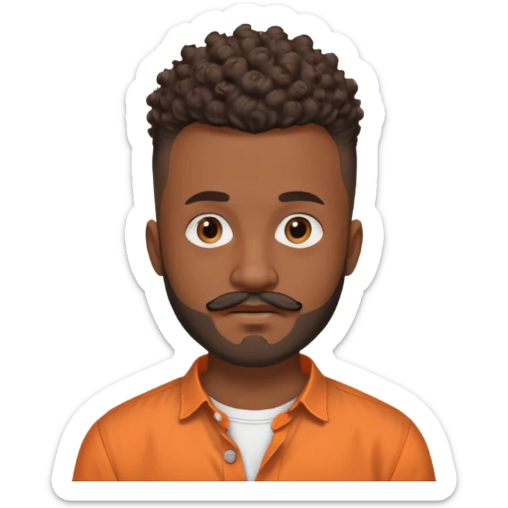 
"Brown adult man (around 24), curly mohawk with shaved sides, beard and mustache. Wearing an orange collarless round-neck button-up shirt. No teenage or old features."

 sticker