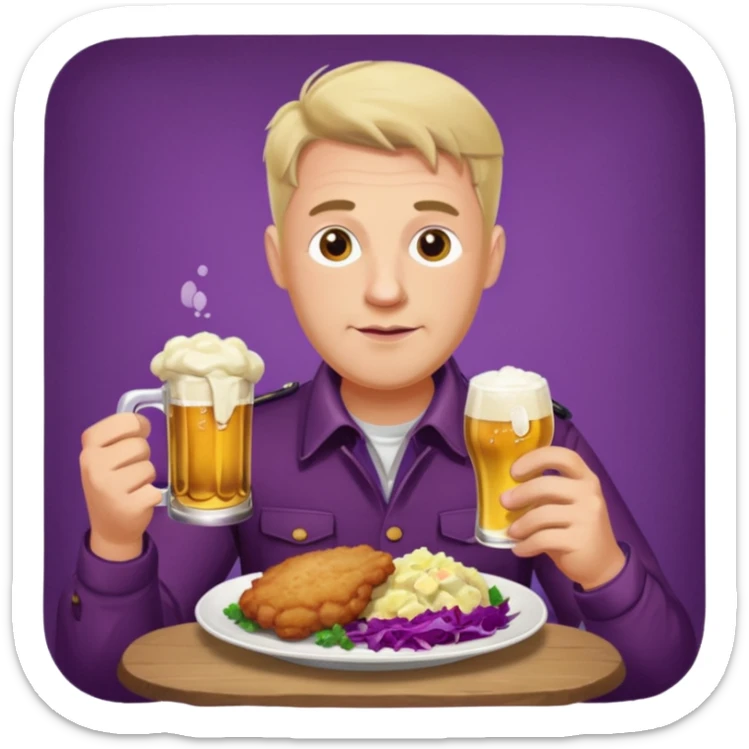 German man eating schnitzel, potato salad, red cabbage, sauerkraut, and beer sticker