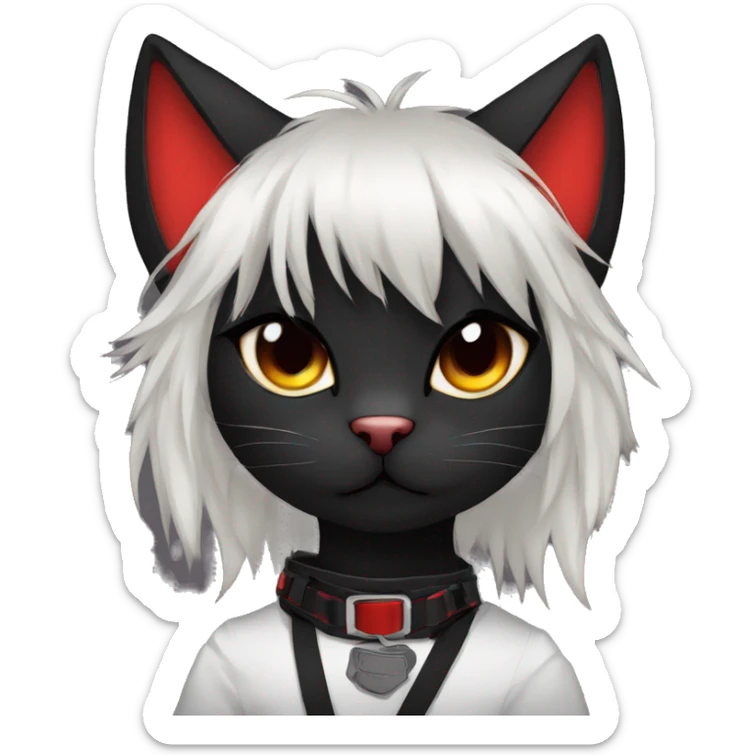 Anthro Edgy Cool Beautiful Black Cat-Fursona with Emo Hair-bangs with Red Streaks Chest Harness sticker