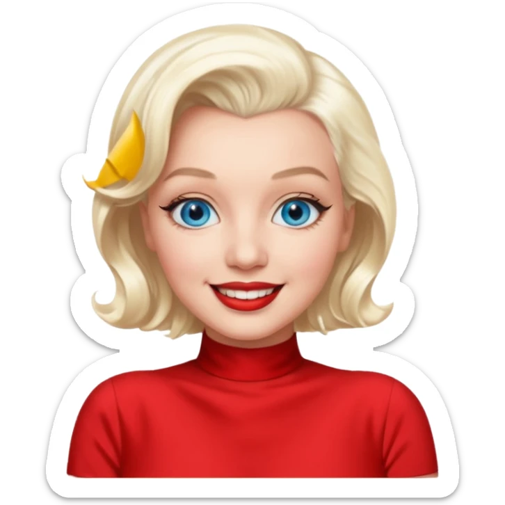 Marilyn Monroe with blue eyes, platinum blonde hair, red outfit sticker