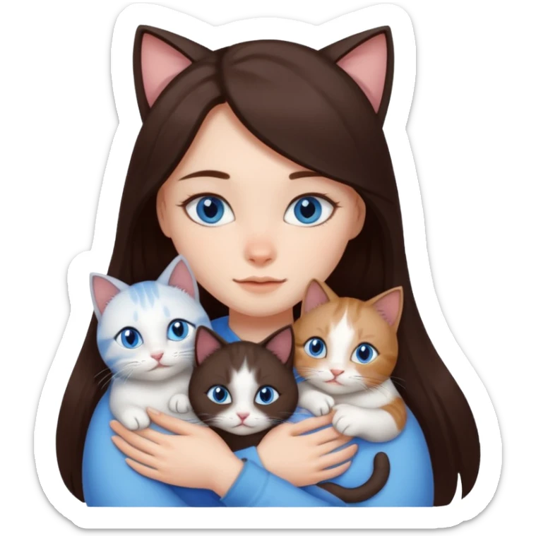 a girl with long dark 
brown hair, with blue eyes, hugs 3 different natural coloured cats sticker