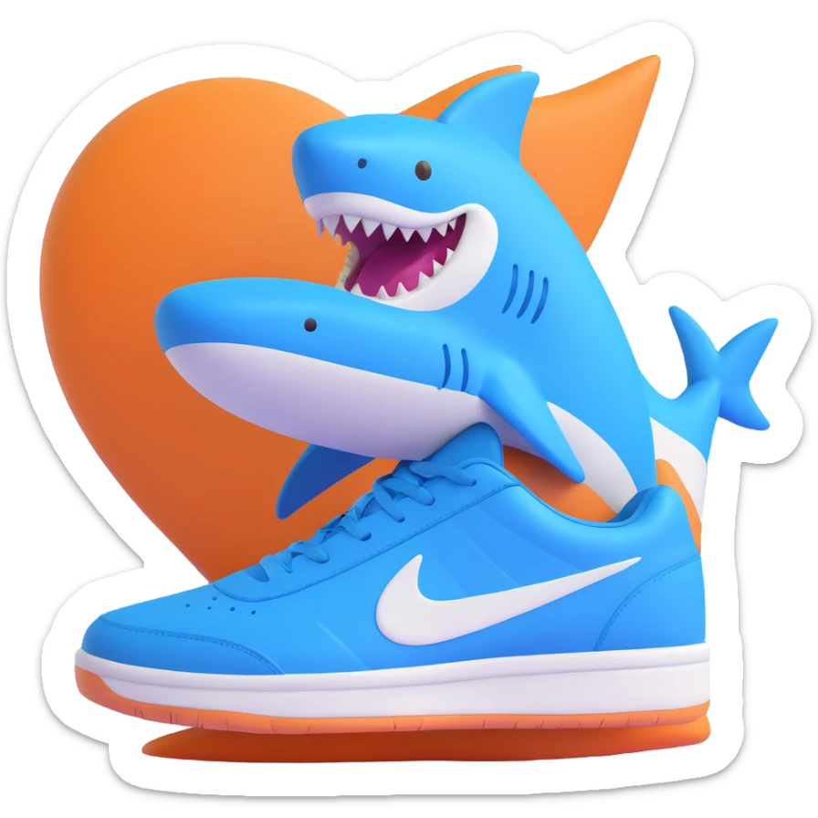 blue shark with blue Nike tennis shoes, smiling and waving sticker