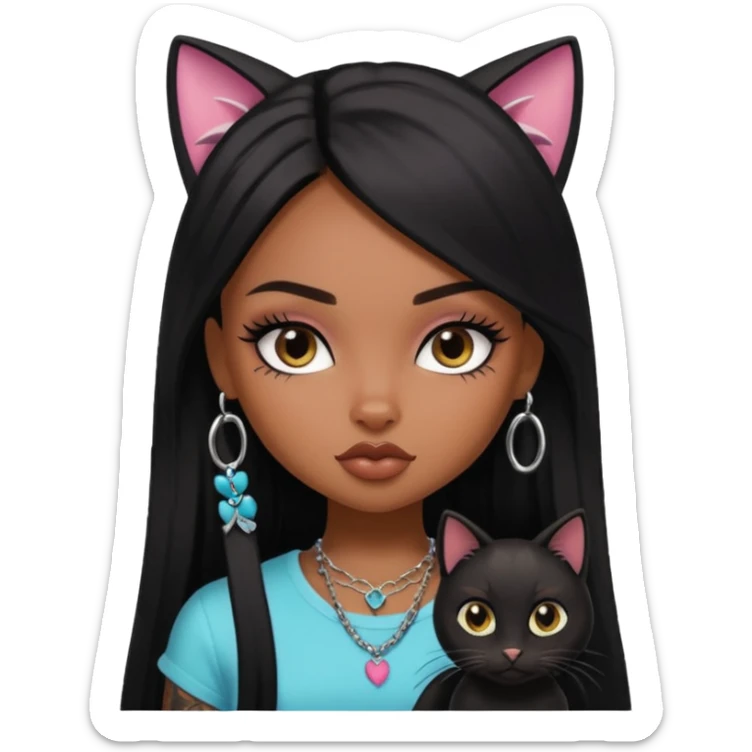 black long straight haired pretty bratz baddie with tattoo and black cat sticker