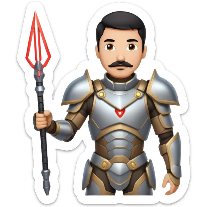 Male human with short black hair, mustache and beard. Wearing futuristic armor, with laser spear in hand sticker