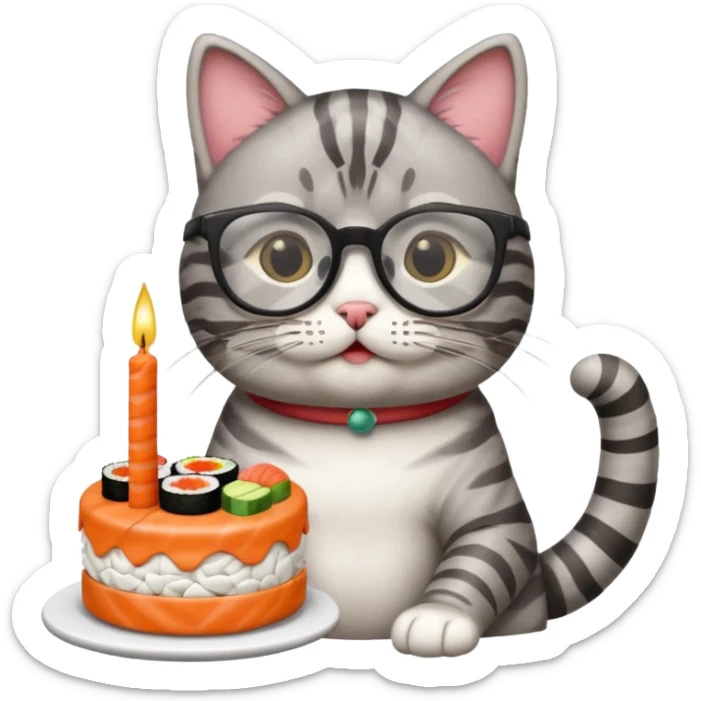 cat with cool glasses eating a birthday cake made out of sushi sticker