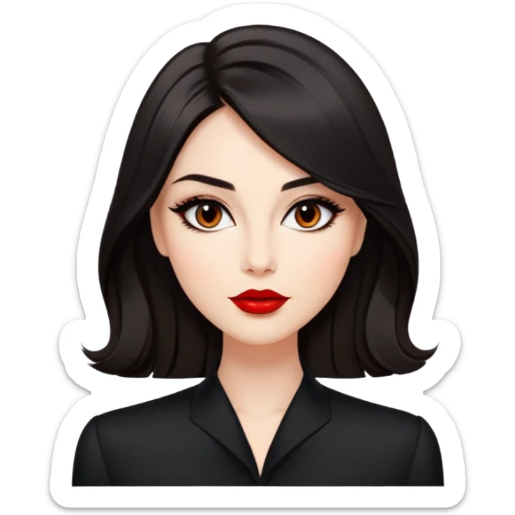 Respected actress with fair glowing skin, voluminous dark straight hair with slight waves at ends, almond eyes with refined eyeliner, defined features, red lips, black elegant outfit, poised professional expression sticker