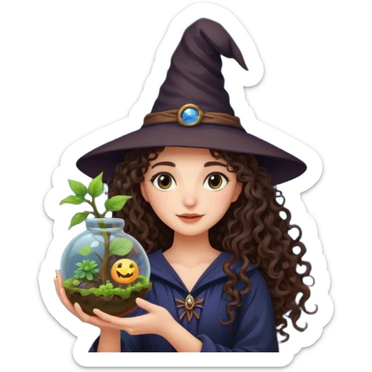 A long curly haired brunette girl with a moon, witch hat, holding a plant terrarium sticker