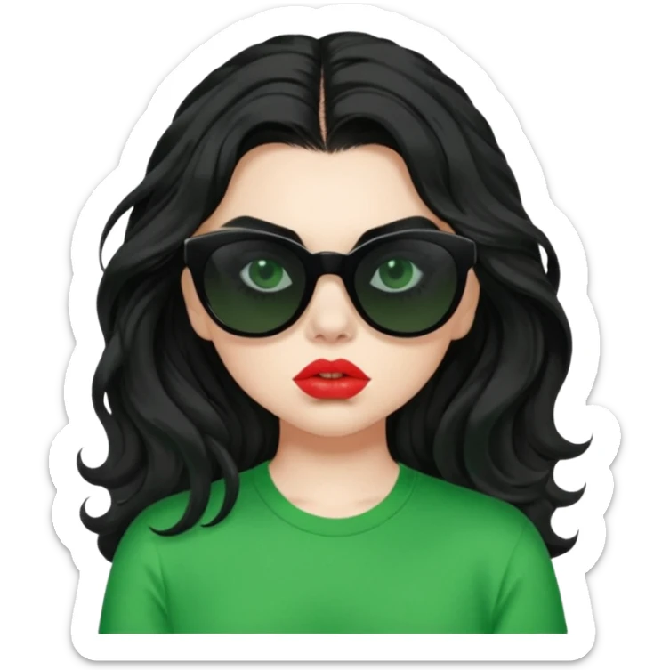 current charli xcx with her long black wavy hair, thick black out sunglasses, pale skin, closed pouting lips, and a bright green top that said brat in the brat font. sticker