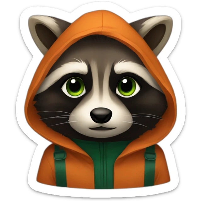 brown raccoon with orange eyes and a dark green hood that is sad sticker