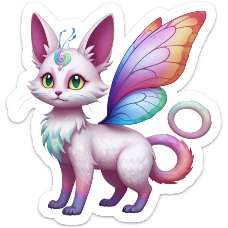 Pure-snow-White albino iridescent with pastel rainbow-gradients-color-markings with swirly patterns butterflies  faerie-Noivern-Noibat-Purloin-Torracat-Lykoi-Caracal-cat-Fakemon-fusion-hybrid-creature sticker