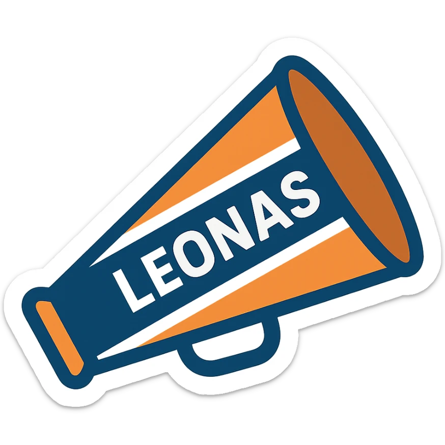 cheerleading megaphone in orange, blue and white colors, with the word 'Leonas', modern and clean style sticker