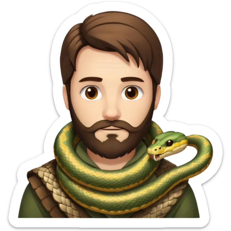 portrait man long brown hair brown eyes medium beard white skin with snake wrapped around neck calmly sticker