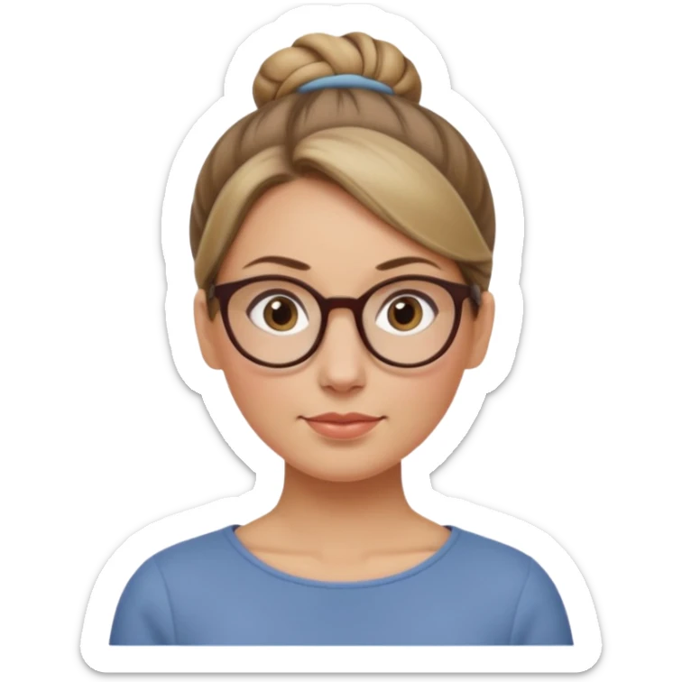 femme de 38 ans avec des cheveux tirés vers l'arrière blond foncé sans mèche devant, un chignon haut, yeux bruns, lunettes rondes, visage ovale sticker