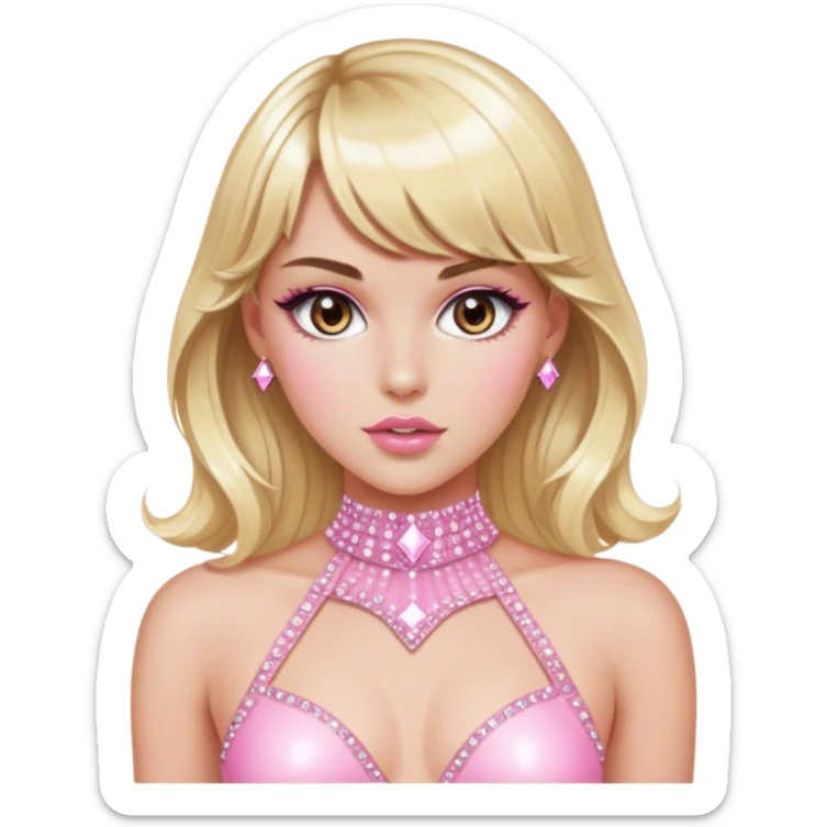 Luxury blonde model, brown eyes, sleek wavy hair with bangs, diamanté rhinestone covered pink bodysuit  sticker