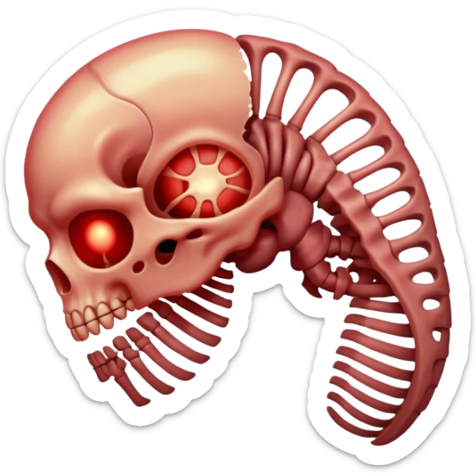 Minimalist emoji-style sticker of a ribcage x-ray with a curled-up demon inside, lines in faint white on black background, subtle red eye glow



 sticker