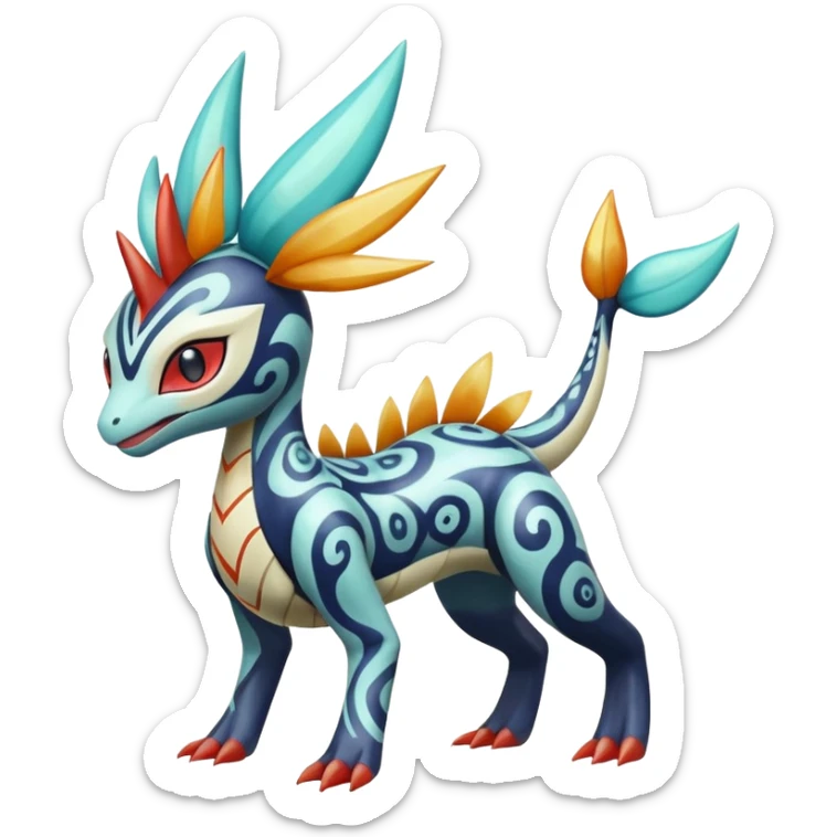 zig-zag-patterned clownish colorful exotic fruity tribal tropical hot swirl-marked Meloetta-Dialga-Salamence-Giratina-Noivern-Pokémon-Fakémon-fusion-hybrid-creature sticker