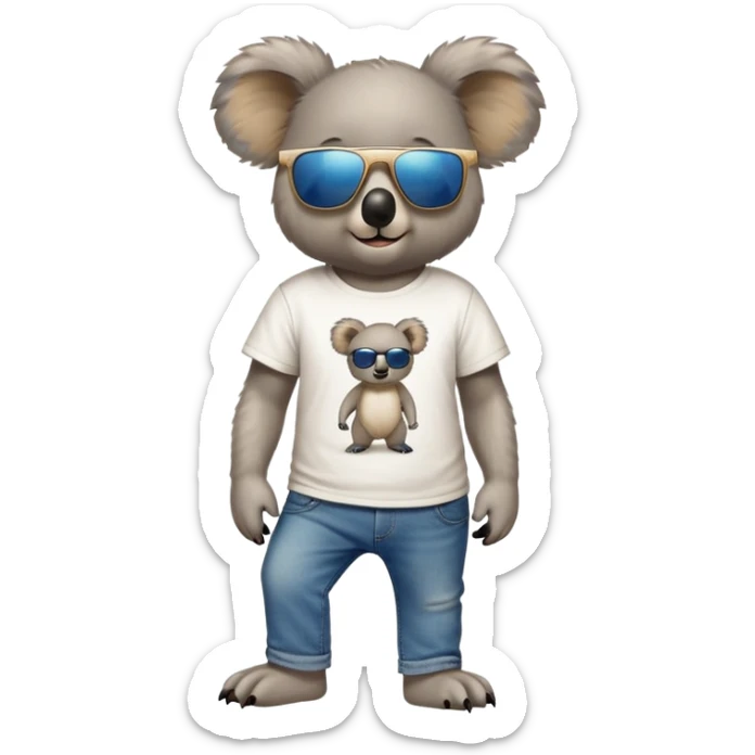 anthropomorphised koala in a band t-shirt and jeans wearing dark sunglasses walking upright sticker