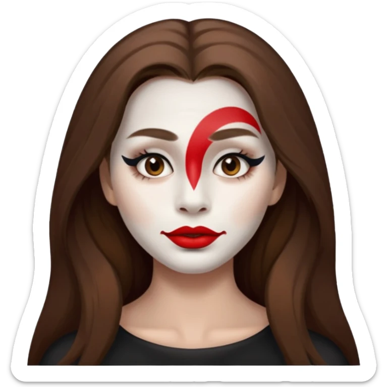 person with long brown hair, white face paint, red lipstick and a mole on right cheek sticker