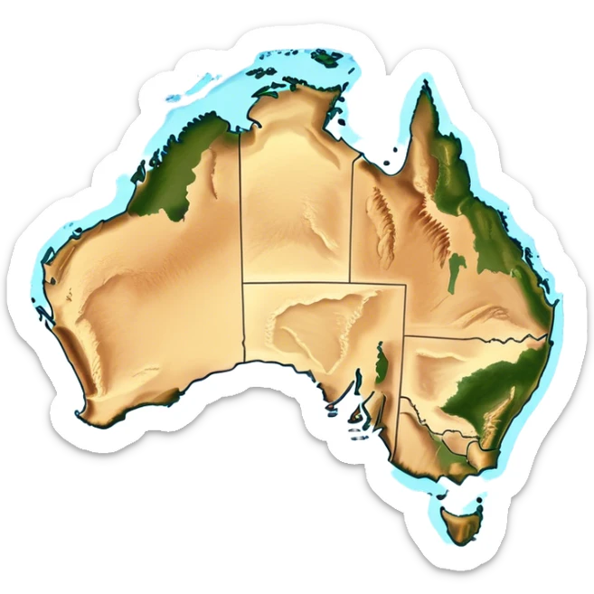 Outline and Landmass of Australia – map of Australia, featuring its distinct coastline and iconic landmass shape. The deep blue ocean surrounds the golden-brown continent, with subtle topographic details highlighting its vast deserts, lush forests, and rugged coastline. A soft glow accentuates the edges, making the shape unmistakable. sticker