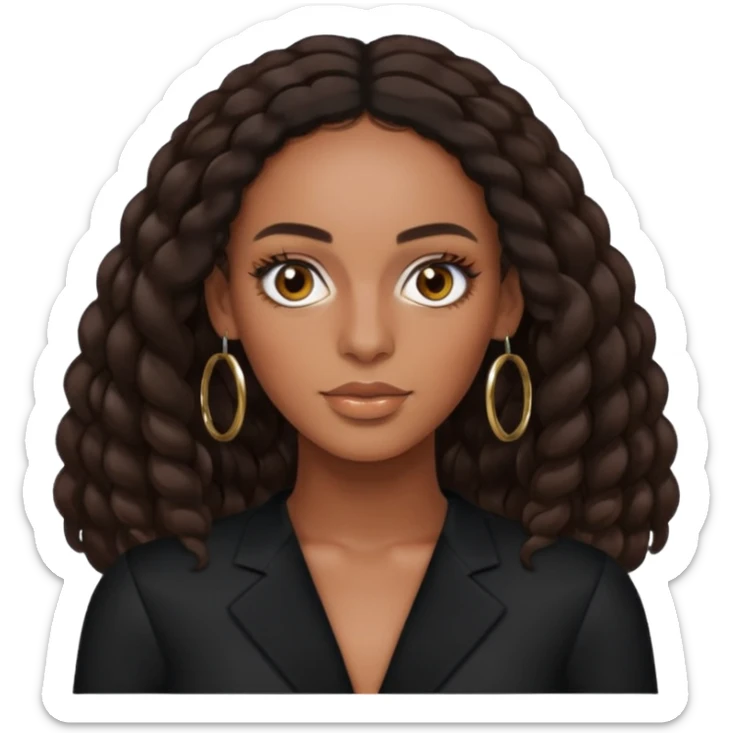 Solange brown eyes, long dark brown hair, black outfit with earrings sticker