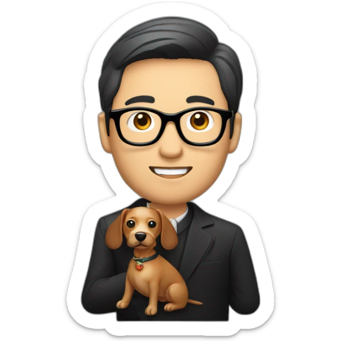 An asian man tailor wearing black framed glassed holding a sausage dog sticker