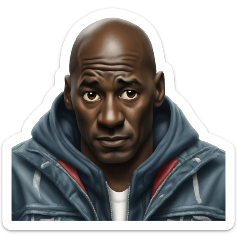 Michael Jordan in a jacket holds his head and is sad photorealistic serious sticker