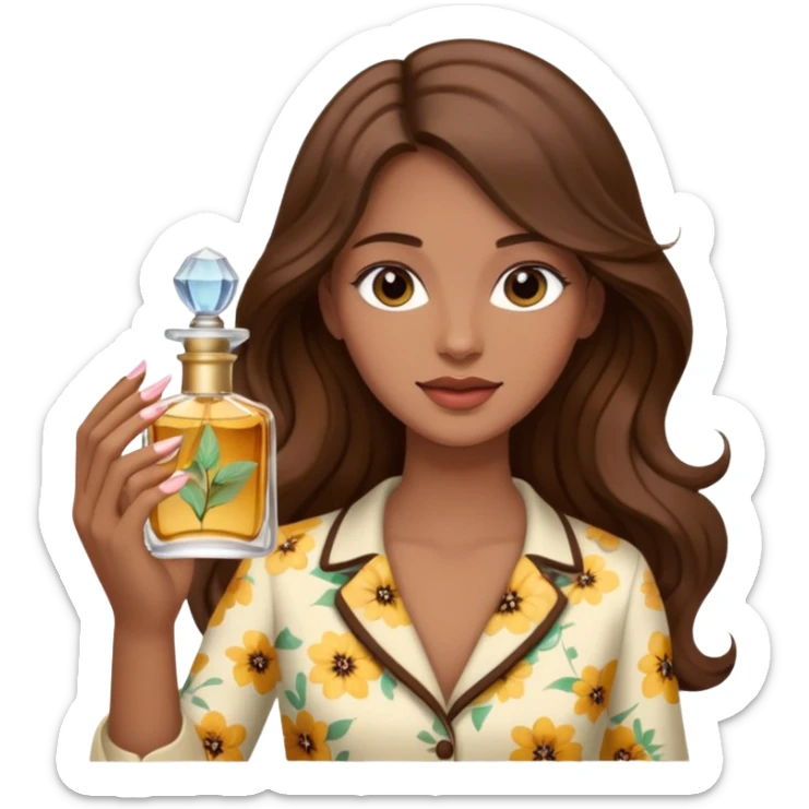 Half body pretty long hair woman holding parfume sticker