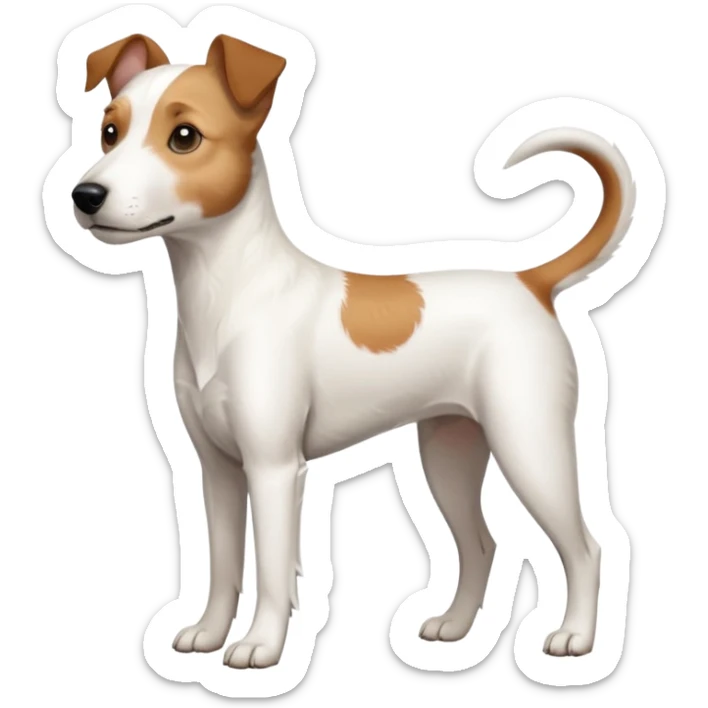 a full body large white parson russell terrier looking dog the size of a kelpie with light brown long ears and a light brown patch on one eye and a large snout sticker