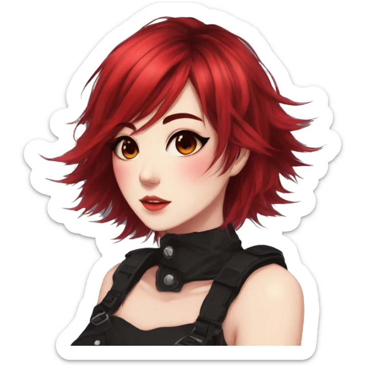 Gorgeous anime style lady with blushing face aesthetic and pretty edgy black red punk hair with hair garment trending style sticker
