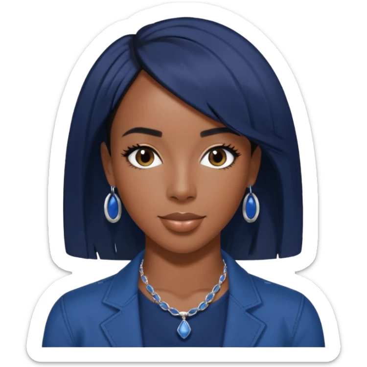 Kelly Rowland with short jet black hair, indigo outfit sticker