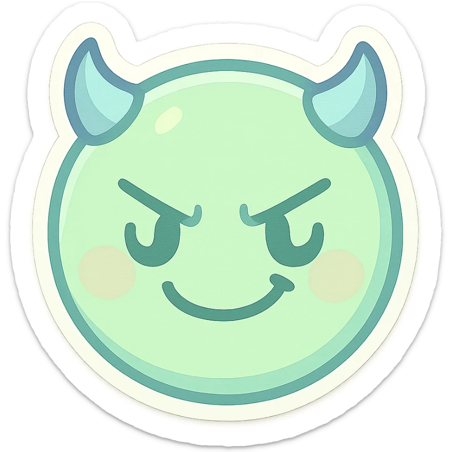 devil emoji in chibi style with pastel palette of mint green and baby blue, tiny horns, cute but mischievous expression sticker