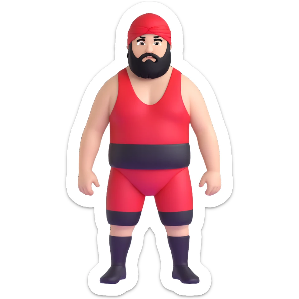 White skin fat guy with black durag, black beard, and black eyes in a red and black wrestling singlet sticker