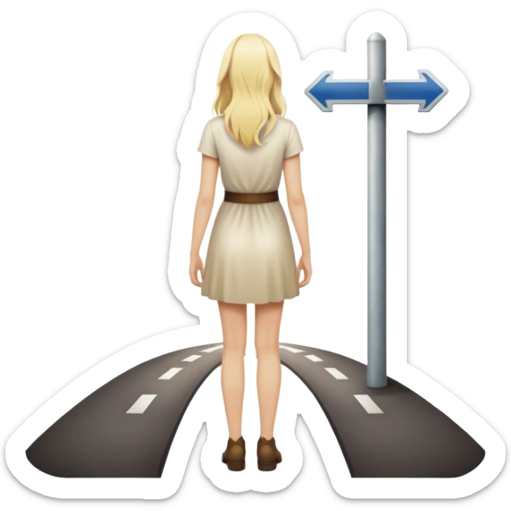 back of blonde woman stands In front at a crossroads between two paths—one illuminated, the other in shadow... scary and sunlight  sticker