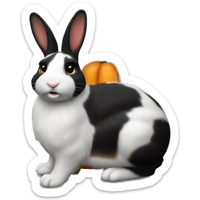 Dutch bunny with orange, black and white striped fur, sitting next to a realistic carved pumpkin  sticker
