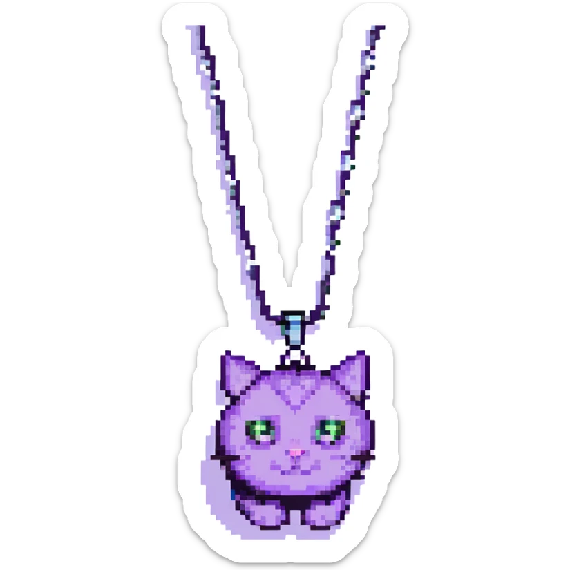 pixel art purple cat with a black eye, white pupils, and a moon necklace sticker