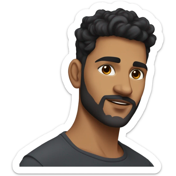 light brown skin indian man with black coloured short to medium curls hair with a skin fade on the sides with nicely shaped eyebrows with brown eyes and a beard thats not too thick and a good jawline but not too big and long of face sticker