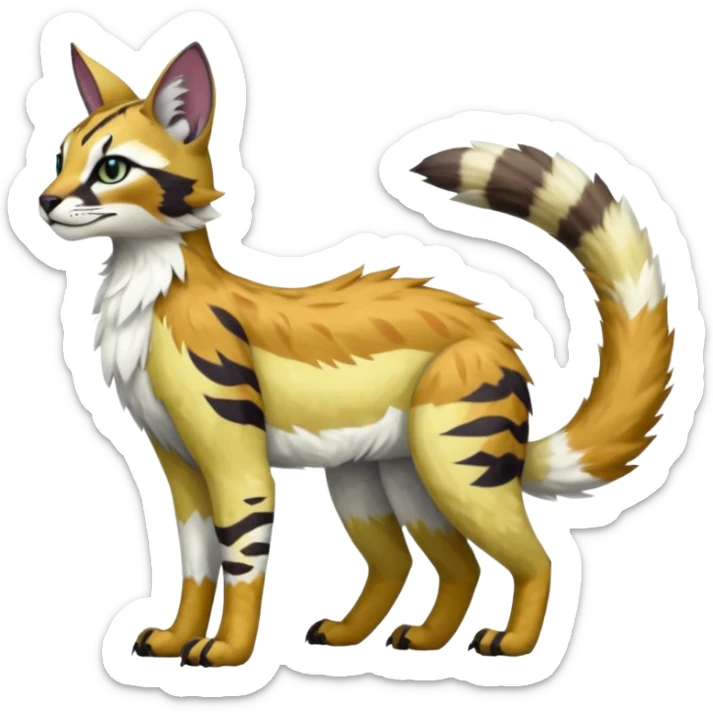 Colorful tropical tribal pale light fruity pastel white glorious iridescent divine exotic cute albino neon vibrant zigzagged cool beautiful fantasy-caracal-civet-genet-sergal-vernid-Gryphon-Cacomistle-Trico-oncilla-animal-Fakémon-hybrid-fursona (full body), facial markings,  sticker